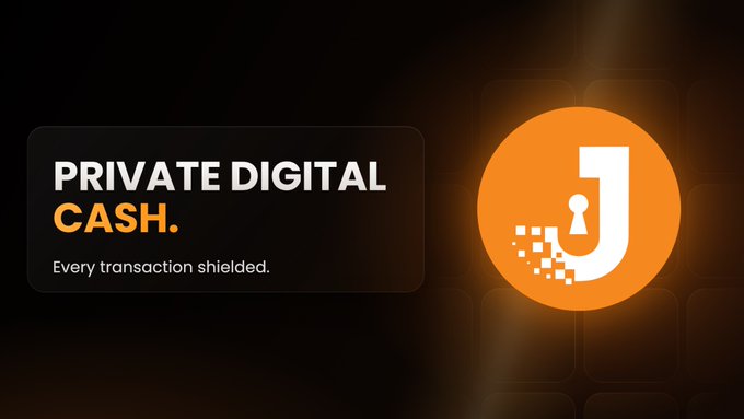 A promotional graphic for a cryptocurrency project with text 'PRIVATE DIGITAL CASH. Every transaction shielded.' next to an orange logo featuring a stylized 'J' with a keyhole.