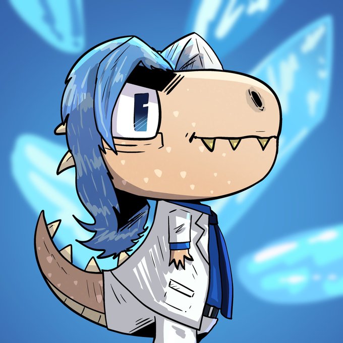A chibi-style cartoon character with blue hair, lizard-like features, and a white coat stands against a blue background with crystal-like wings. The character appears to be a mascot or avatar for the @9toDino project, which is being promoted as a free mint on EVM within an hour.