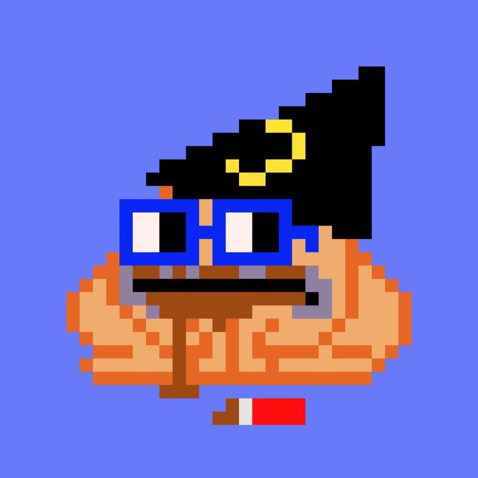 A pixel art illustration of a bearded character with black hair, wearing blue and white sunglasses, rendered in orange and red tones on a blue background.