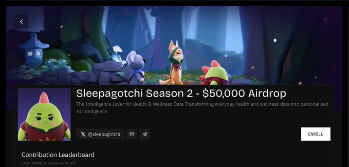 A promotional banner for "Sleepagotchi Season 2 - $50,000 Airdrop" featuring colorful animated characters in a forest scene, advertising a sleep-to-earn project on the Nucleus platform with a contribution leaderboard and an "ENROLL" button. The image aligns with the post's announcement of Season 2 launching on Nucleus with a $50,000 reward pool for top contributors.