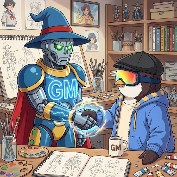 An anime-style illustration showing a robotic wizard with glowing green eyes and a 'GM' chest emblem shaking hands with a penguin wearing sunglasses and a hoodie, with a 'GM' mug and sketchbooks nearby.