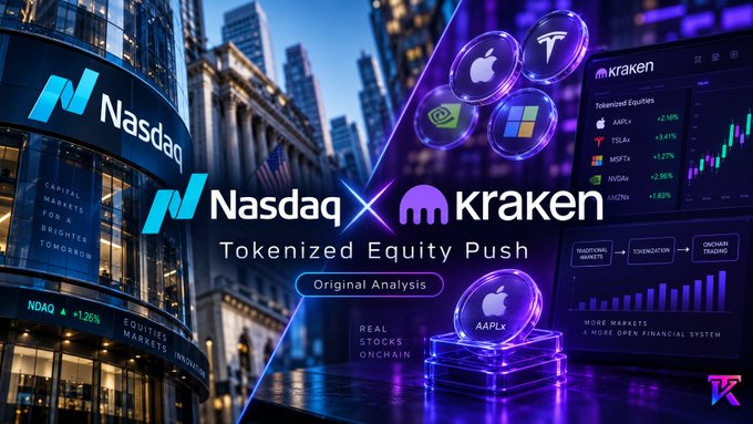 A promotional graphic featuring the Nasdaq and Kraken logos alongside the text "Tokenized Equity Push," highlighting tokenized equities like AAPLx, TSLAx, and NVDAt with green percentage gains, as well as a glowing Apple logo and icons representing Apple, Tesla, NVIDIA, and Microsoft—visually emphasizing the partnership described in the accompanying post about Nasdaq Ventures investing $100 million in Kraken's parent company to advance tokenized stock infrastructure.