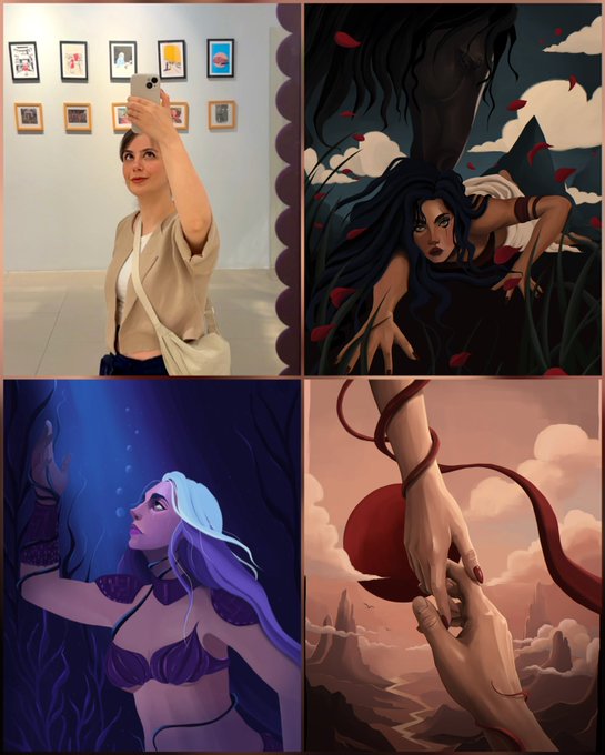 A woman takes a selfie in a gallery while showcasing her digital artwork portfolio in the other three panels, including a dark-haired figure with roses, an ethereal underwater woman with white hair, and reaching hands against a desert sunset—pieces she's promoting on her Objkt marketplace for Tezos Tuesday.