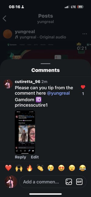 A screenshot of an Instagram post from user 'yungreal' showing a comments section where user 'cutiretta_96' asks for tips on a comment by @yungreal.