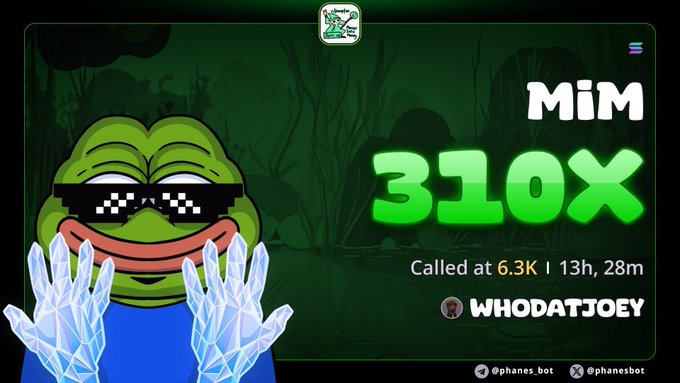 A graphic displays a Pepe the Frog meme wearing pixelated sunglasses and skeleton hands, alongside text reading "MIM", "310X", and "Called at 6.3K | 13h, 28m" by "WHODATJOEY".