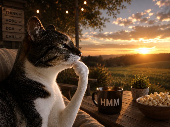 A contemplative tabby cat rests its paw on its chin at sunset, gazing thoughtfully toward a mug labeled "HMM," popcorn, and a checklist reading "THINK ✓, HODL ✓, DCA ✓, CHILL ✓" — perfectly capturing the post's theme of pausing to "hmm and chill" while watching the $hmm token gain traction among KOLs.