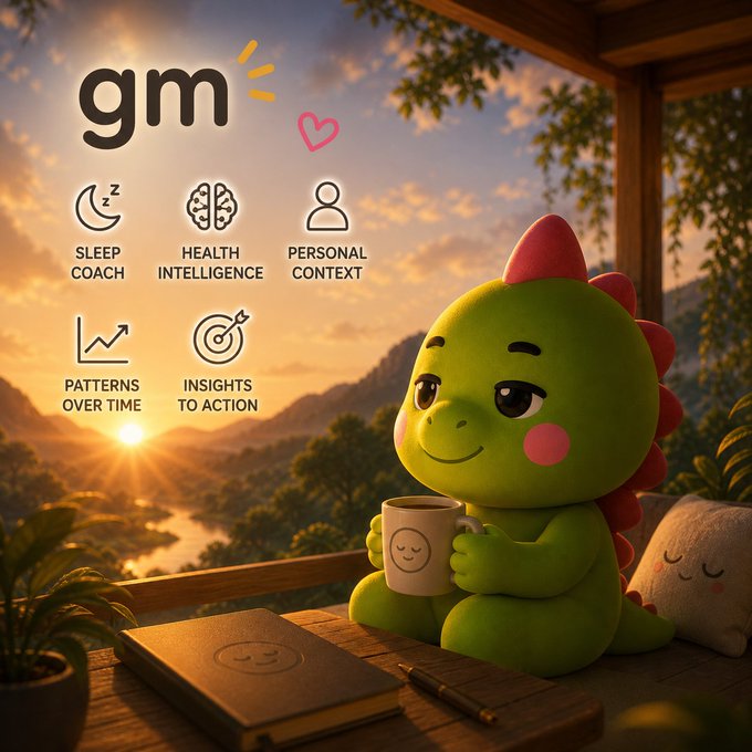 A promotional graphic for 'gm' featuring a cute green dinosaur mascot with pink spikes holding a smiley mug at sunrise, alongside icons labeled 'SLEEP COACH', 'HEALTH INTELLIGENCE', 'PERSONAL CONTEXT', 'PATTERNS OVER TIME', and 'INSIGHTS TO ACTION'.