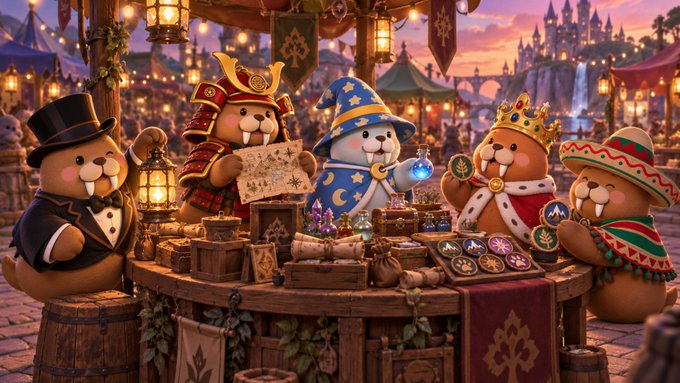 A whimsical digital artwork depicts a group of costumed beaver characters, including a wizard and a samurai, gathered around a table of magical wares at a fantasy festival.