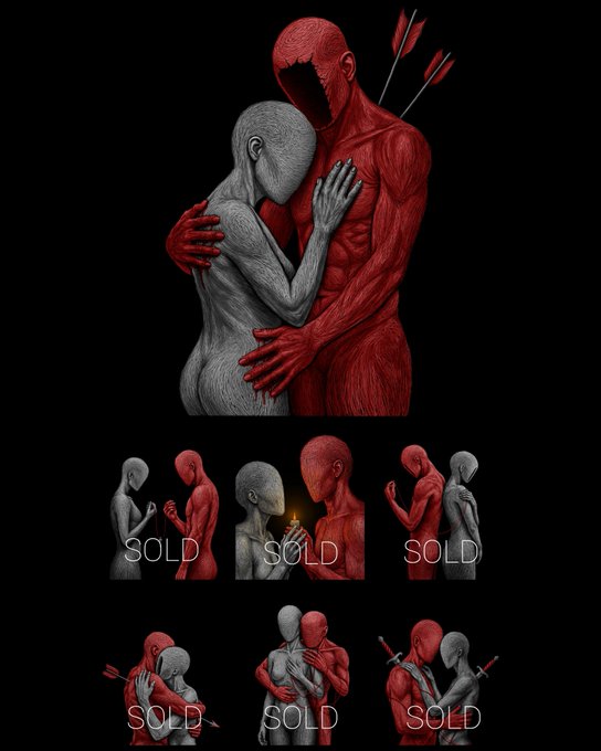 A grayscale and red sculpted figure embracing, pierced by arrows, with arrows visible on its back, displayed alongside six smaller thumbnail variations marked "SOLD." This artwork titled "The Last Shelter" is part of the "Beautiful Wounds" collection, edition 4/9 out of 15, priced in $XTZ (Tezos).