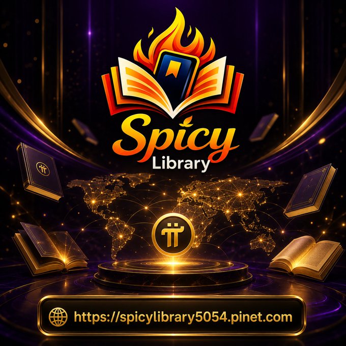 A promotional graphic for "Spicy Library" features a flaming open book logo above a glowing world map and the URL https://spicylibrary5054.pinet.com, visually teasing the digital book platform's upcoming launch on the Pi Network Mainnet as announced in the accompanying post.