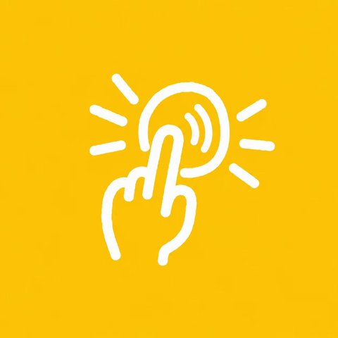 Image 7: A minimalist yellow app icon featuring a white line drawing of a hand pressing a circular button.