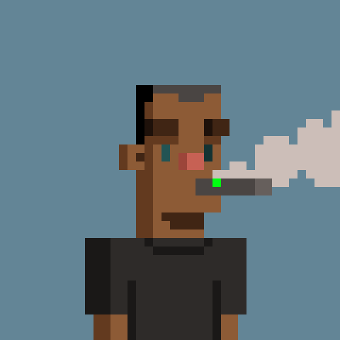 Pixel art illustration of a dark-skinned character smoking a cigarette against a blue background.