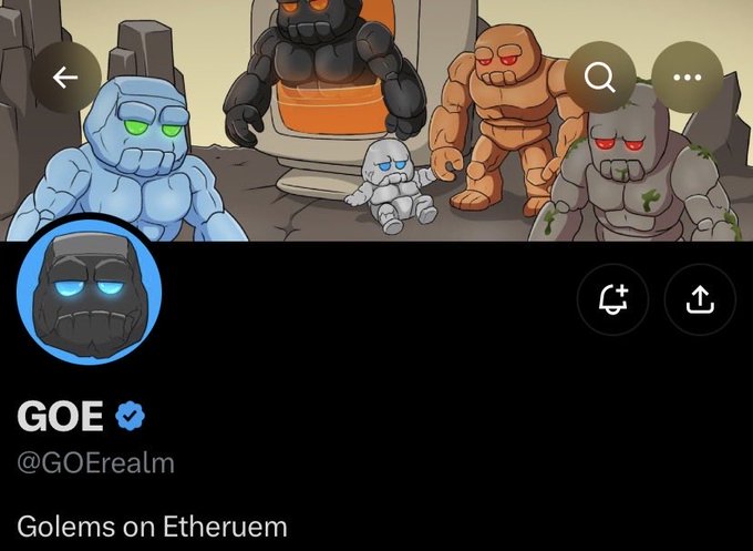 A social media profile for GOE (@GOErealm) features a banner with cartoon golem characters and the bio 'Golems on Ethereum.'