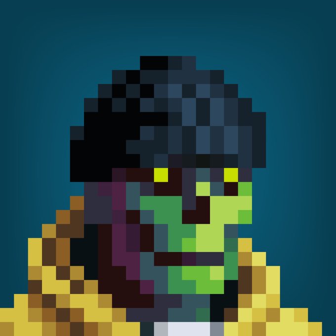 A pixel art portrait of a figure with dark hair, green skin, and a yellow jacket against a dark blue background.
