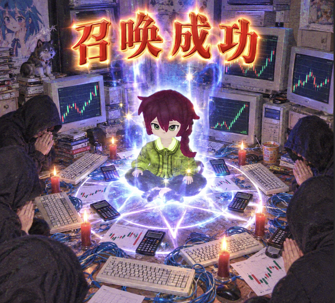 An anime-style illustration shows a magical summoning circle with an anime girl appearing among old computer monitors displaying trading charts, candles, and hooded figures, with the red Chinese text "召唤成功" (Summoning Successful) at the top.