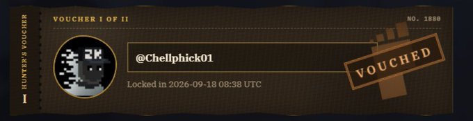 A digital 'Hunter's Voucher' displays the username '@Chellphick01' with a 'VOUCHED' stamp, locked at 2026-09-18 08:38 UTC, numbered 1888.