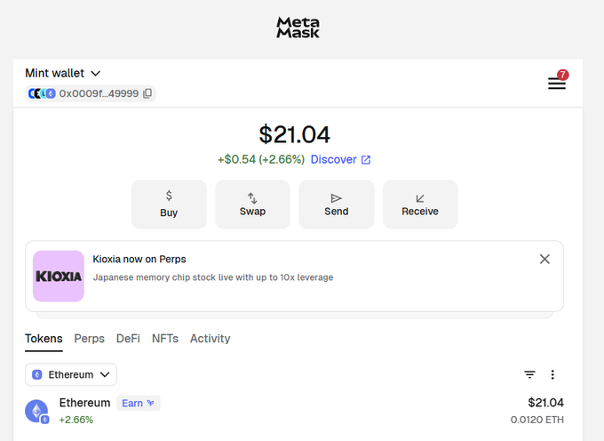 A screenshot of the MetaMask wallet interface showing a 'Mint wallet' with a balance of $21.04 (+2.66%), featuring options for Buy, Swap, Send, and Receive, with Ethereum holdings displayed.