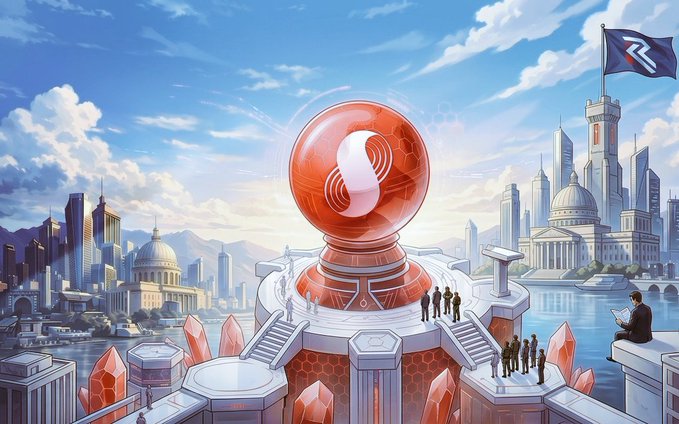 The image features a futuristic cityscape centered around an orange sphere with an "S" emblem on a pedestal, alongside a flag displaying "S" and the Supra logo. This visual ties into the post's message about Supra Labs ($SUPRA) as foundational blockchain infrastructure for multiple ecosystems, highlighting $BonzoFinance's recent events in a unified multi-chain landscape.