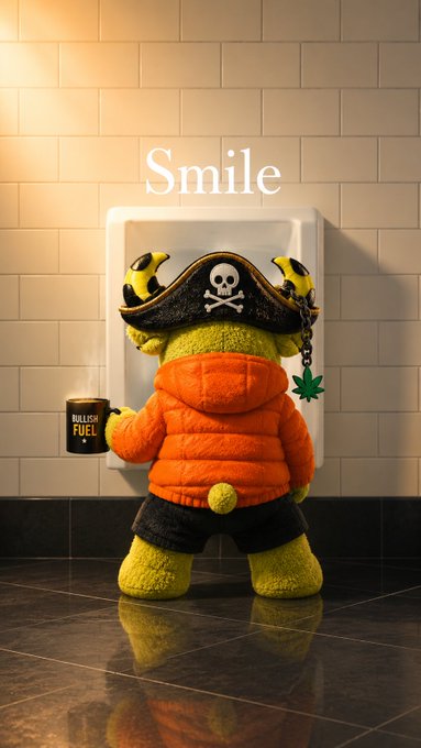 Digital artwork of a green frog-like character wearing an orange puffer jacket and pirate hat with skull and crossbones, holding a coffee mug labeled 'BULLISH FUEL' in a tiled bathroom, with the word 'Smile' above.