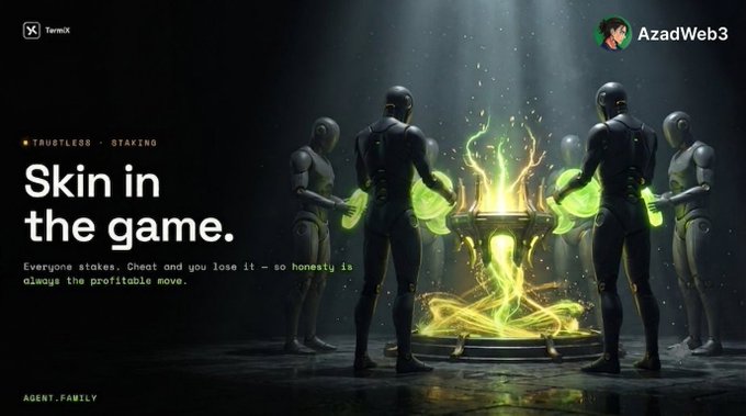A promotional graphic featuring robotic figures around a glowing yellow cauldron with text reading 'TRUSTLESS · OTAKING', 'Skin in the game.', and 'AGENT.FAMILY'.