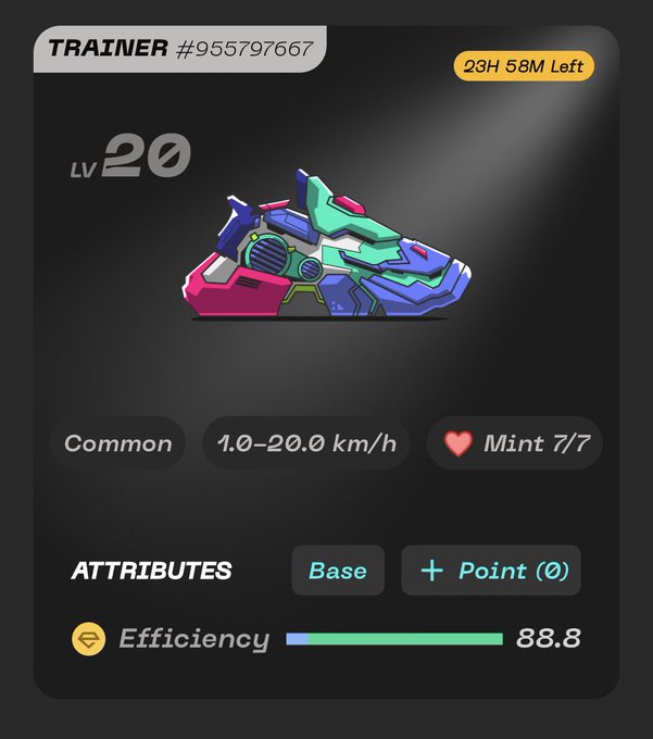A digital trading card-style interface displaying a colorful futuristic hover vehicle labeled 'TRAINER #955797667' at LV 20, marked 'Common' with a speed range of '1.0-20.0 km/h', condition 'Mint 7/7', and an 'Efficiency' base attribute of 88.8.