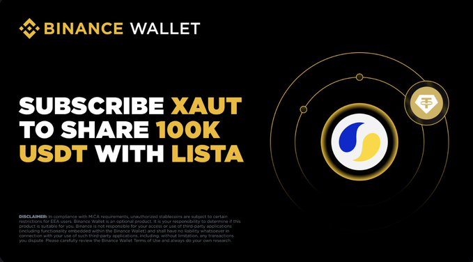 The image shows a black background with white text advertising a Bitcoin wallet service called @tethergold. The text emphasizes that users can earn up to 6.5% APY by depositing XAUt (Bitcoin) onto their account, which is listed in a yellow circle below the Bitcoin symbol. The post also includes a listicle-style graphic featuring an image of a gold circle with two blue dots on it and some white text about Share 100k usddt with Lista.