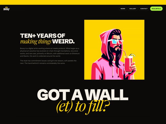 A portfolio website for 'Boozy' featuring text 'TEN+ YEARS OF making things WEIRD' and 'GOT A WALL (et) to fill?', along with an illustration of a person in a pink hoodie drinking from a straw.