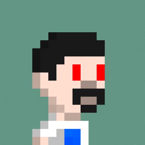 A pixel art profile picture of a man with black hair, a beard, glowing red eyes, wearing a white shirt against a teal background.