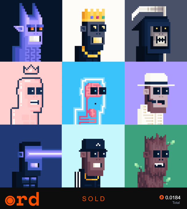 A collection of nine pixel art character portraits displayed in a 3x3 grid on ord.net, featuring various stylized figures including a king, grim reaper, and other unique characters, with "ord SOLD" branding and a total of "0.0184" shown at the bottom, reflecting a showcase of Bitcoin Ordinals from the BITFOOTS collection.