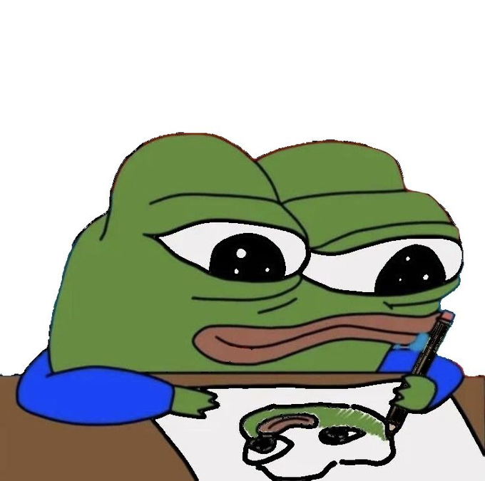A meme-style drawing of the Sad Pepe frog sitting at a desk, drawing the same frog on a piece of paper.