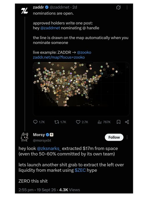 A social media screenshot of a post by @zaddrnet about nominations and an automated map, followed by a reply from @morsyxbt criticizing @zksnarks for extracting $17m.