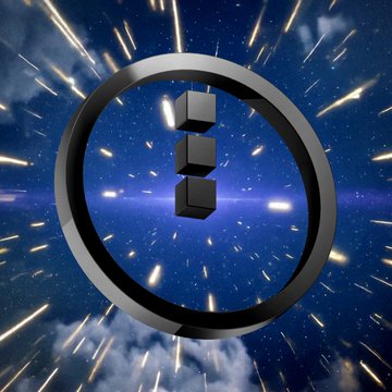 A 3D-rendered black circular logo with stacked cubes in the center, set against a space-themed background with stars, clouds, and a horizontal light beam.