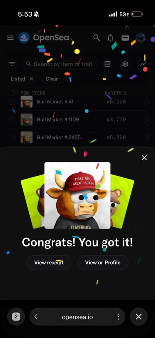 A screenshot of the OpenSea mobile app displaying a 'Congrats! You got it!' popup for a bull NFT with 'MAKE APC GREAT AGAIN' text on its red cap.
