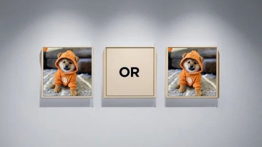 The image features a cute dog wearing an orange hoodie, sitting against a white wall with three framed pictures hanging above it. The first picture shows a dog wearing an orange hoodie, the second picture depicts another dog wearing an orange hoodie, and the third picture displays a dog in a black hoodie. Below these images is a post that reads "OR" followed by three ticker symbols representing different cryptocurrency markets: Bitcoin, Ethereum, and Doggecoin (the current crypto bull run).