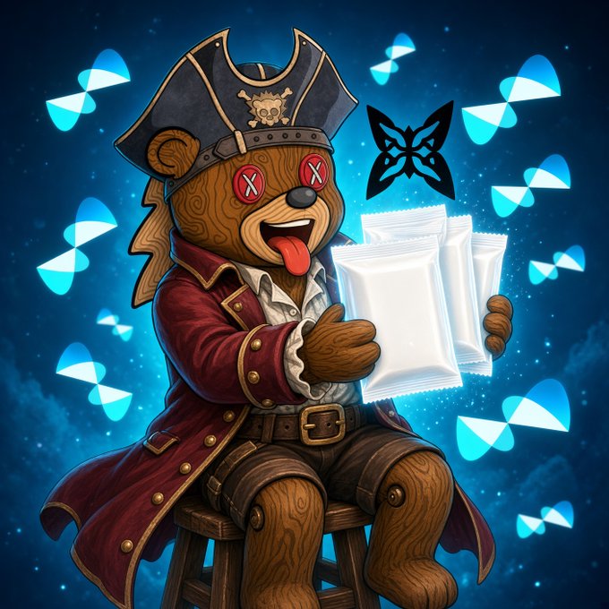 A digital illustration of a pirate-themed teddy bear wearing a tricorn hat with red X-eyes and sticking out its tongue, holding white pouches, surrounded by glowing blue butterfly-like shapes.