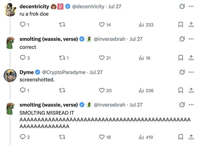 A screenshot of a Twitter exchange where @decentricity jokes "ru a frok doe," @inversebrah replies "correct," @CryptoParadyme confirms "screenshotted," and @inversebrah finally jokes "SMOLTING MISREAD IT AAAAAAAAAAAAAAAAAAAAAAAA," humorously cementing the "frok" status as a notable moment in the thread.