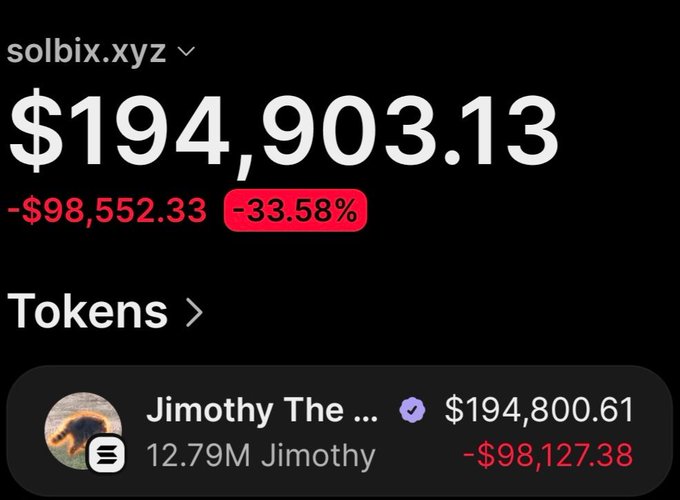 Screenshot of solbix.xyz portfolio showing a total value of $194,903.13 with a 33.58% loss ($-98,552.33), featuring 12.79M Jimothy tokens valued at $194,800.61 with an unrealized loss of -$98,127.38, illustrating a wallet's massive 251x gain on $Jimothy despite the displayed paper loss.