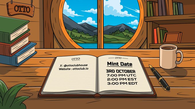 A cartoon illustration of a wooden desk by a window with mountains visible outside, featuring an open notebook showing 'OTTO Mint Date' on '3RD OCTOBER' with times in UTC, EST, and EDT, alongside coffee, books, and a pen.