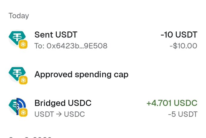 A crypto wallet transaction history showing today's activity: -10 USDT sent to address 0x6423b...9E508 (~$10.00), an approved spending cap, and a bridge of 4.701 USDC (USDT → USDC for -5 USDT), illustrating the user's confusion about missing bridged funds in their main MetaMask wallet.