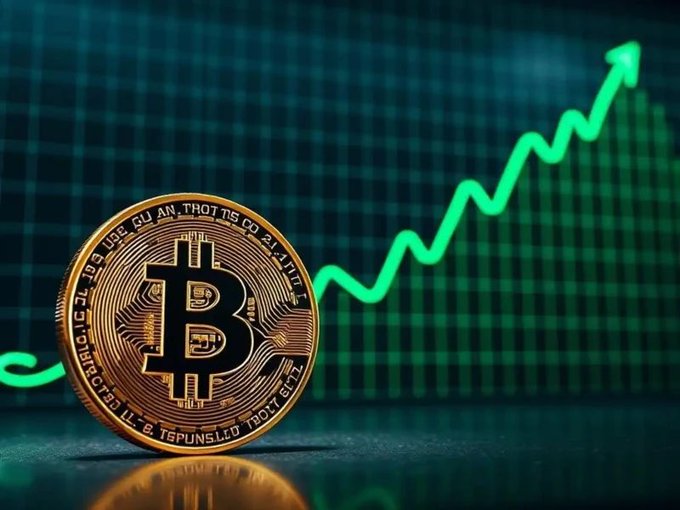 A physical Bitcoin coin sits in front of a green upward-trending stock chart on a digital display.