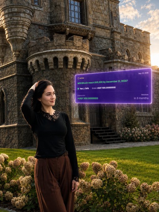 A woman stands in front of a stone castle with a holographic display showing a bet that 'Will Bitcoin reach $55,000 by December 31, 2026?' on Yes 84% with USDT 500.00000000.