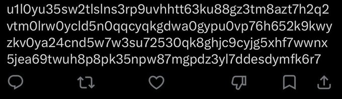 A screenshot displays a cryptocurrency wallet address made up of four paragraphs of alphanumeric text (beginning with "u1l0yu35...") against a black background, with social media interaction icons (comment, retweet, like, dislike, bookmark, and share) at the bottom, highlighting the length of a Zcash wallet address.