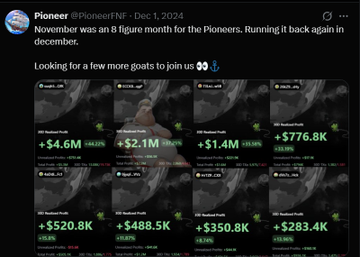 A Twitter post from "@PioneerFNF" dated Dec 1, 2024 announces that "November was an 8 figure month for the Pioneers," claiming the project is "Running it back again in december." The image shows a dashboard of crypto portfolio performers with gains ranging from +$283.4K to +$776.8K, including addresses like "Realized Profits $488.5K" and "+$1.4M (+13.94%)," seemingly used to counter claims about others profiting off the TRUMP token while promoting alternative projects.