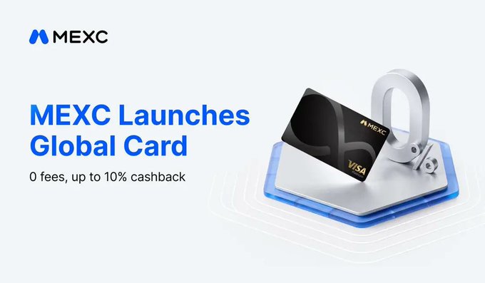 The image is a promotional banner for MEXC's new Global Card, featuring a black MEXC-branded Visa card with "0 fees, up to 10% cashback" as the main selling points. It relates to the post by highlighting a solution to the common trader problem of converting USDT to spendable cash, as the MEXC card would allow users to spend their crypto holdings directly without the hassle of off-ramping to fiat through traditional bank transfers.