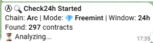 A Telegram bot notification from "Check24h Started" on the Arc chain is running a Freemint scan and has found 297 contracts currently being analyzed for potential gems. This relates to the post about finding free-to-mint tokens, as the bot is filtering through hundreds of new contracts to identify potential 100x opportunities.