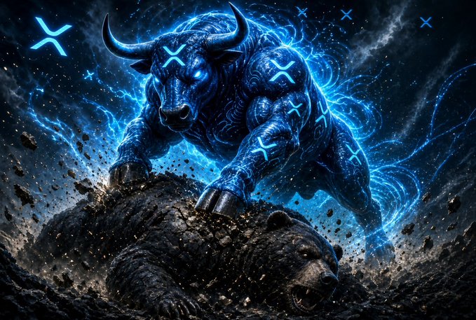 A cosmic blue bull with glowing XRP symbols on its body and eyes stomps on a defeated bear, with additional XRP symbols floating in the starry background, evoking a bullish XRP market sentiment.