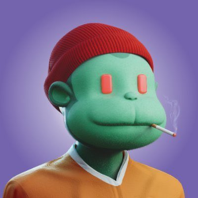 A 3D-rendered green character with red pill-shaped eyes and a red beanie, smoking a cigarette, wearing an orange shirt against a purple background.