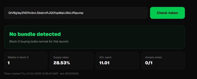 A dark-themed blockchain token checker interface showing "No bundle detected" with metrics including 1 wallet in block 0, 28.53% supply taken, and an SOL spent value of 11.01.