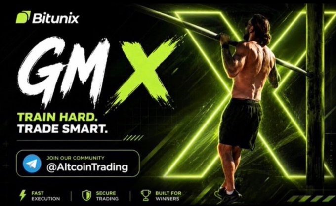 A promotional graphic for Bitunix exchange featuring 'GM X' with the slogan 'TRAIN HARD. TRADE SMART.' and a shirtless man working out with battle ropes.