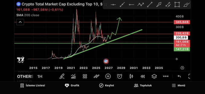 A TradingView chart titled 'Crypto Total Market Cap Excluding Top 10', showing $161.08B with a -0.61% change, featuring a green upward trend line drawn over historical data up to 2027.